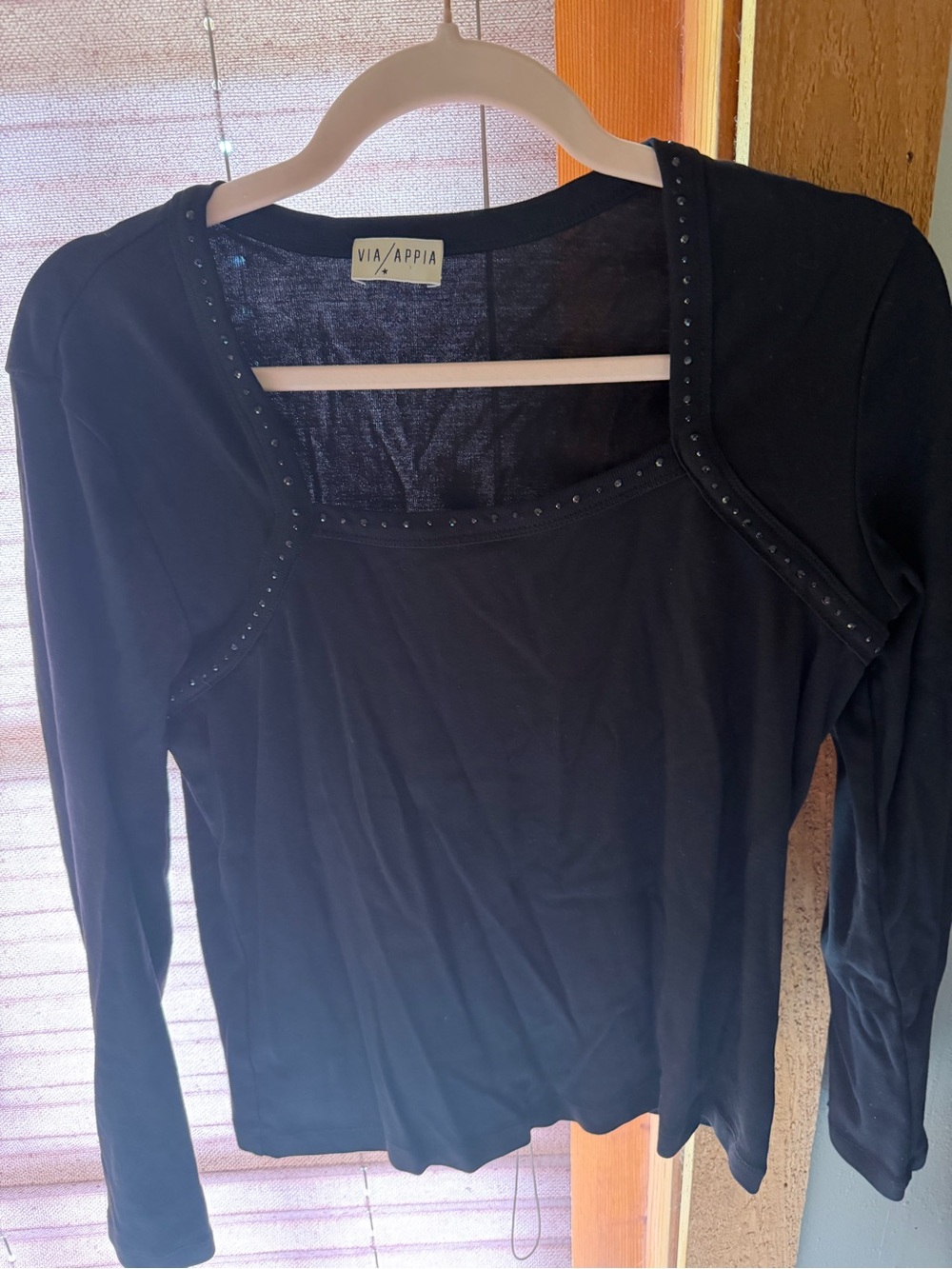 Via Appia Due Black Long Sleeve Square Neck Top with Stud Trim-Minor Flaw